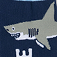 View Men's Shark Bite Me Crew Socks - Gray shark with sharp teeth on a navy background, white letter W below