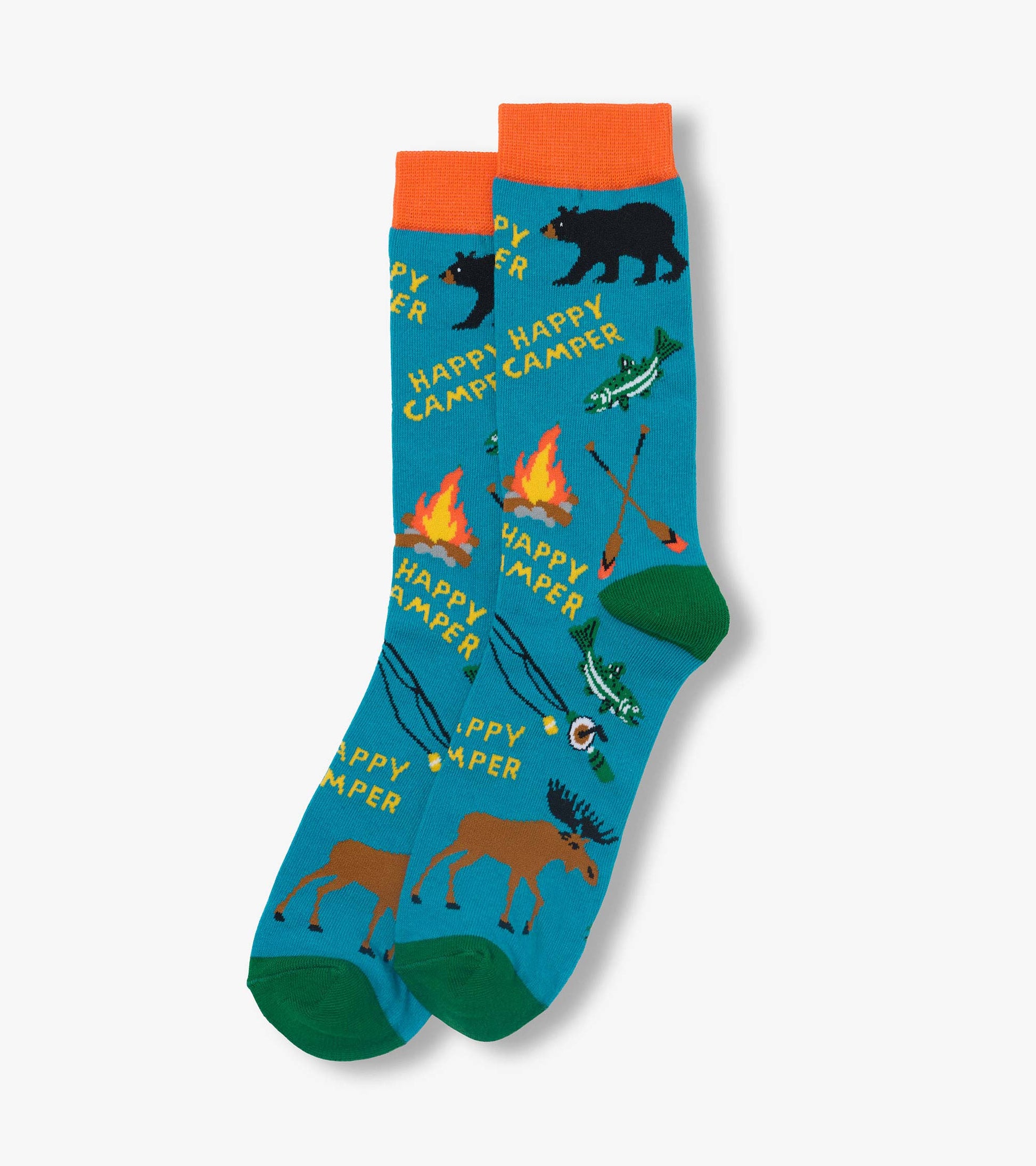 Blue crew socks with orange cuffs, green heels and toes, and camping animal and campfire pattern