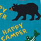 View Men's Happy Retro Camper Crew Socks - Black bear above yellow text reading "HAPPY CAMPER" on a blue background