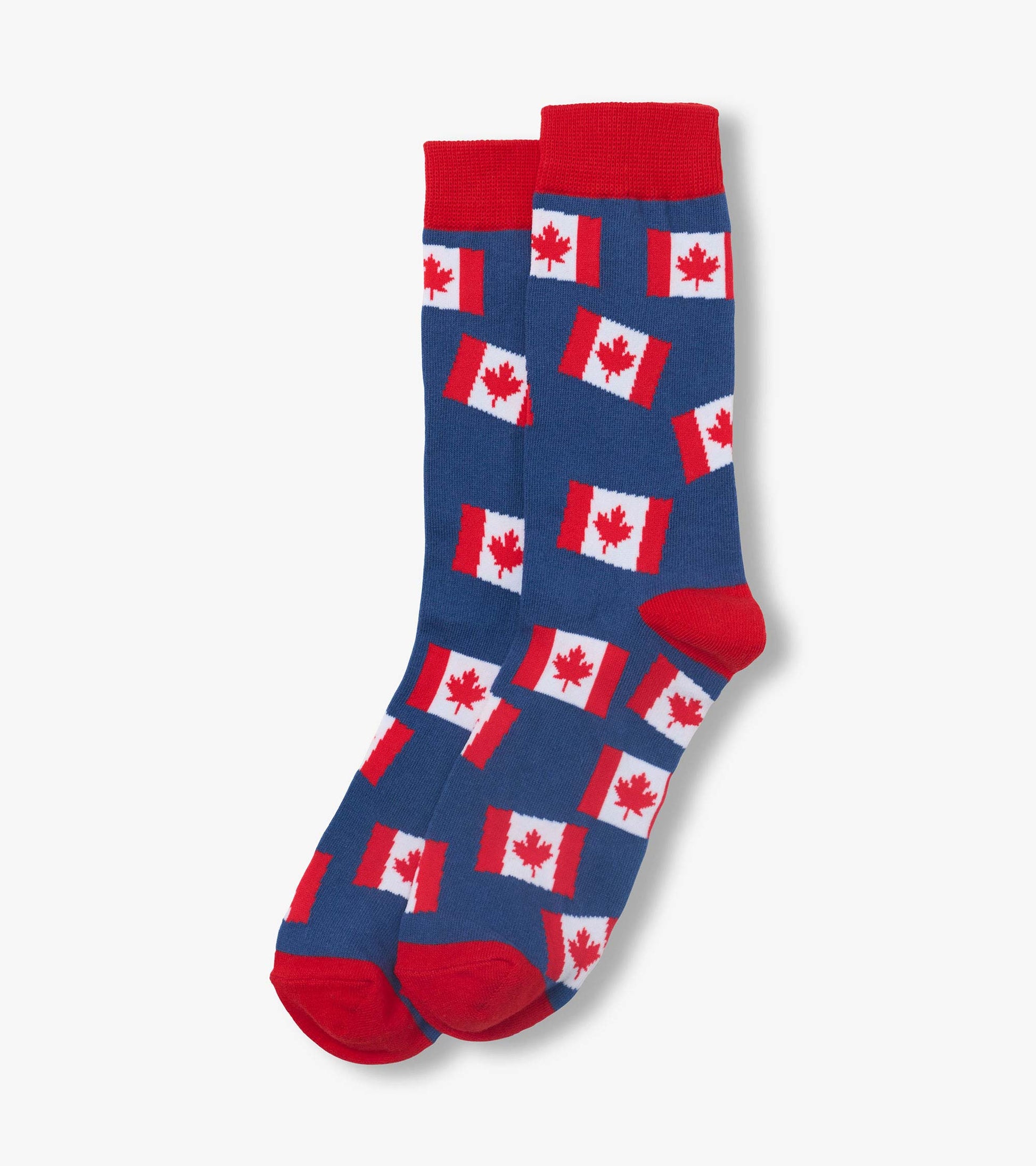 Blue crew socks with red cuffs, heels and toes, patterned with repeating Canadian flags.