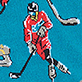 Cartoon hockey player in red gear on a blue background