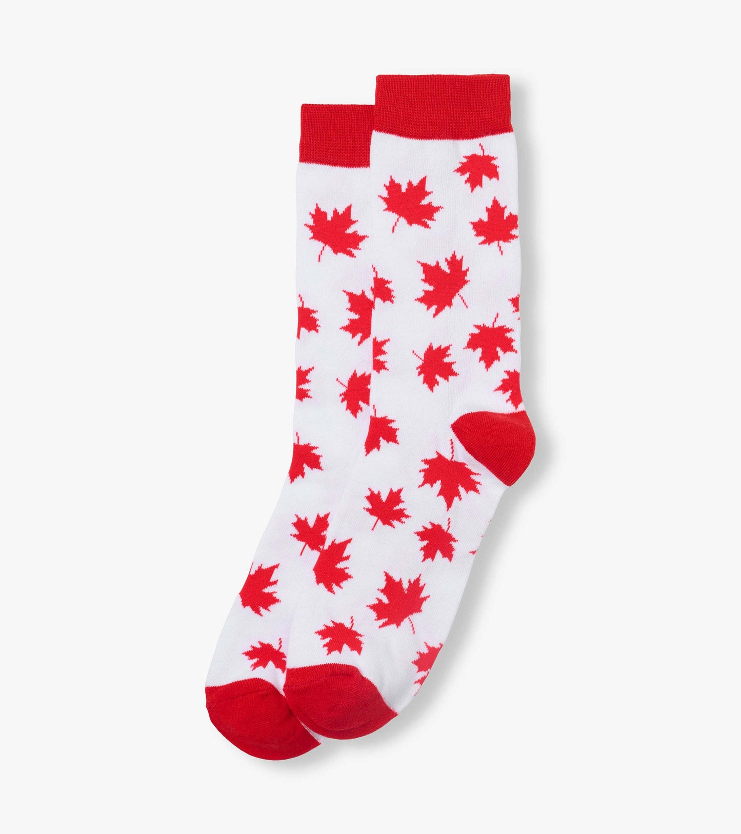 White crew socks with red maple leaf pattern and red cuffs, heels, and toes, shown folded.