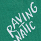 View Men's Loonatic Crew Socks - Teal square with white hand-lettered text reading “RAYING NATIC”