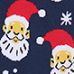 Two cartoon Santas in red hats on a dark blue background with white snowflakes