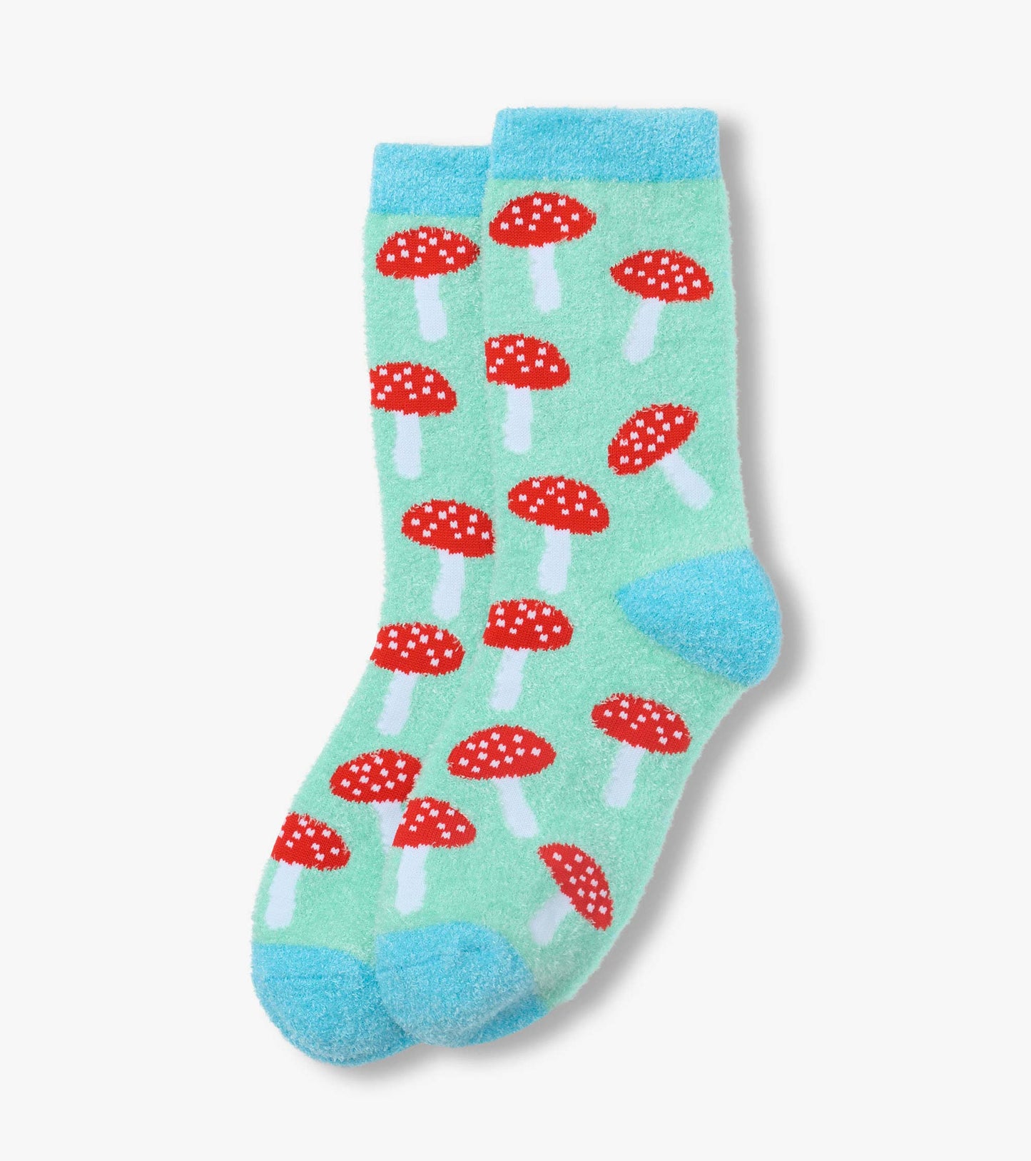Fuzzy mint green socks with red mushroom pattern and blue heel, toe, and cuff.