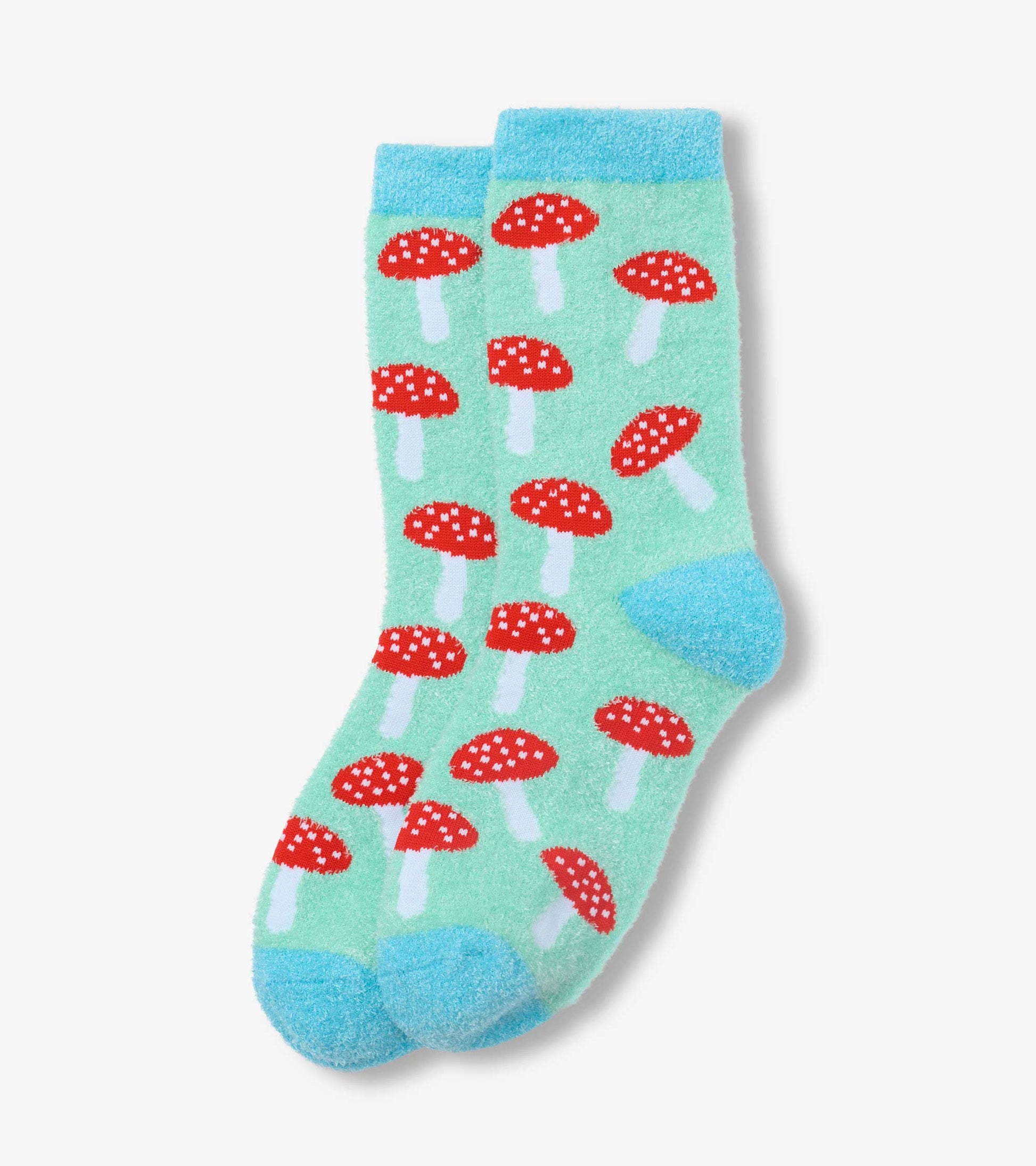 Fuzzy mint green socks with red mushroom pattern and blue heel, toe, and cuff.