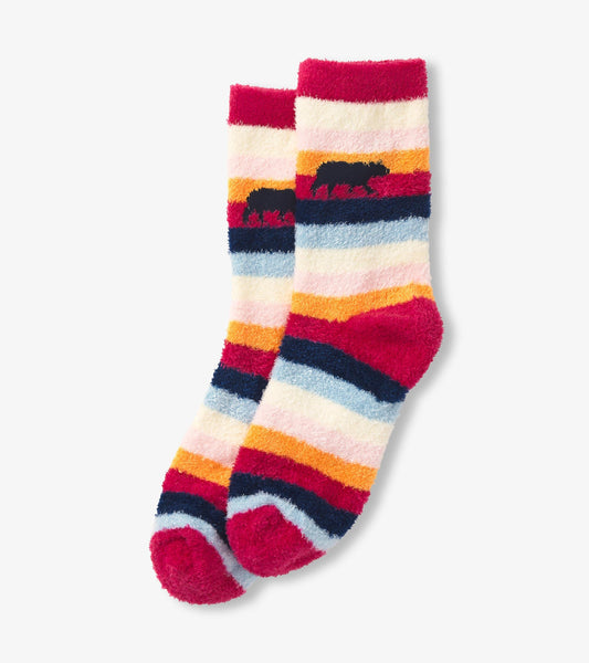 Chaussettes duveteuses pour femme – Ours sur rayures arc-en-ciel