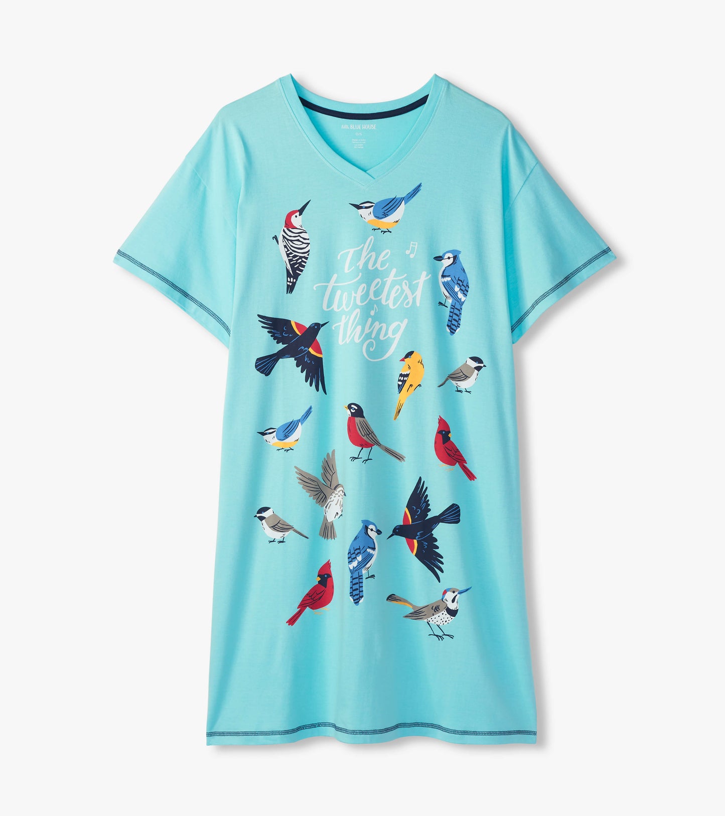 Aqua V-neck sleepshirt with short sleeves, colorful bird print, and 'The tweetest thing' text