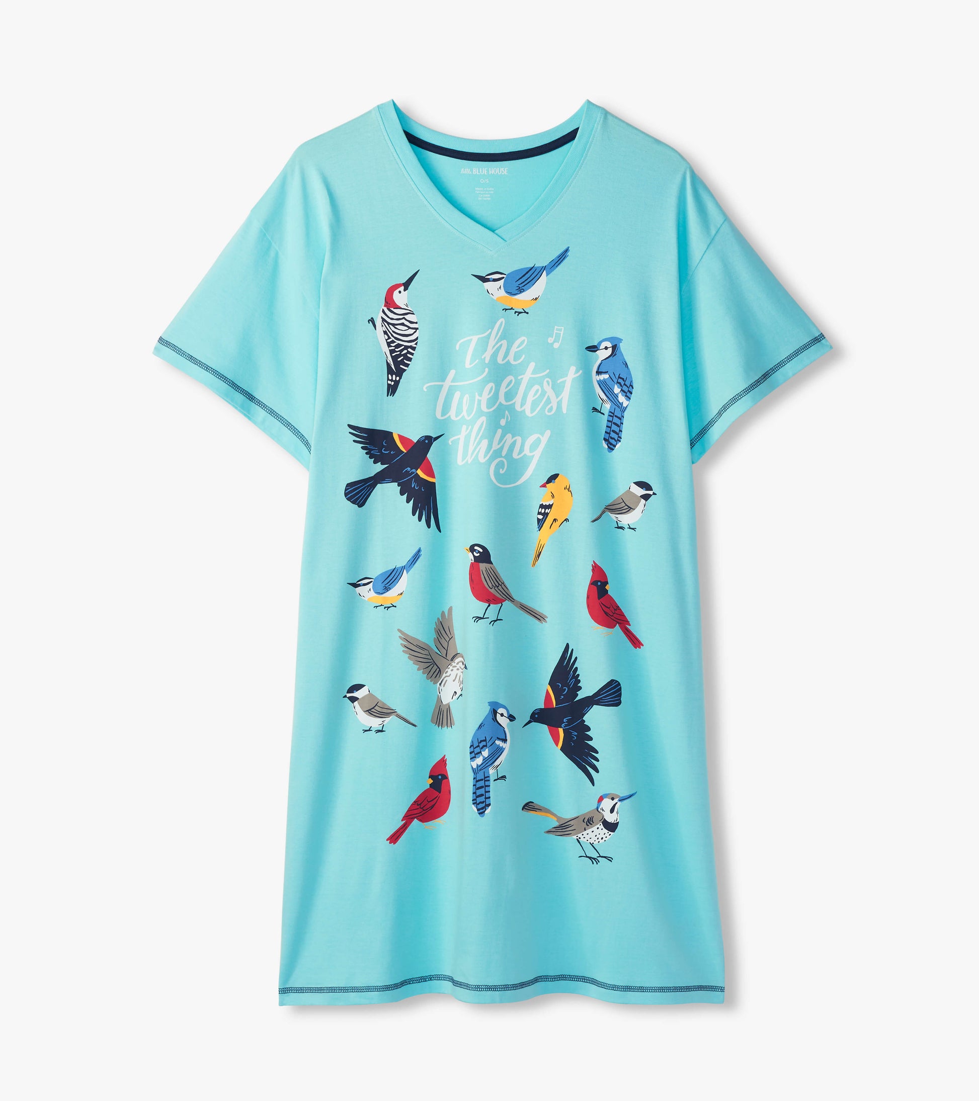 Aqua V-neck sleepshirt with short sleeves, colorful bird print, and 'The tweetest thing' text
