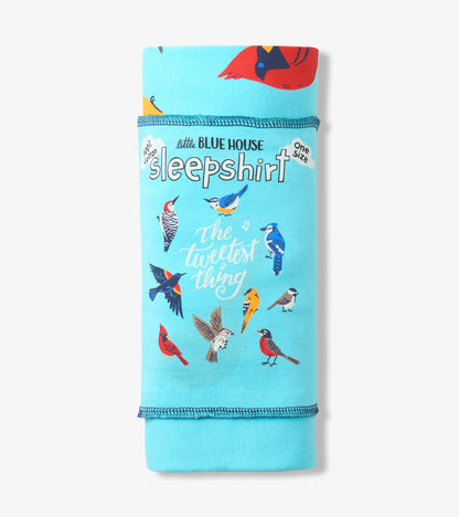 Folded aqua bird-print sleepshirt with Little Blue House wrap label