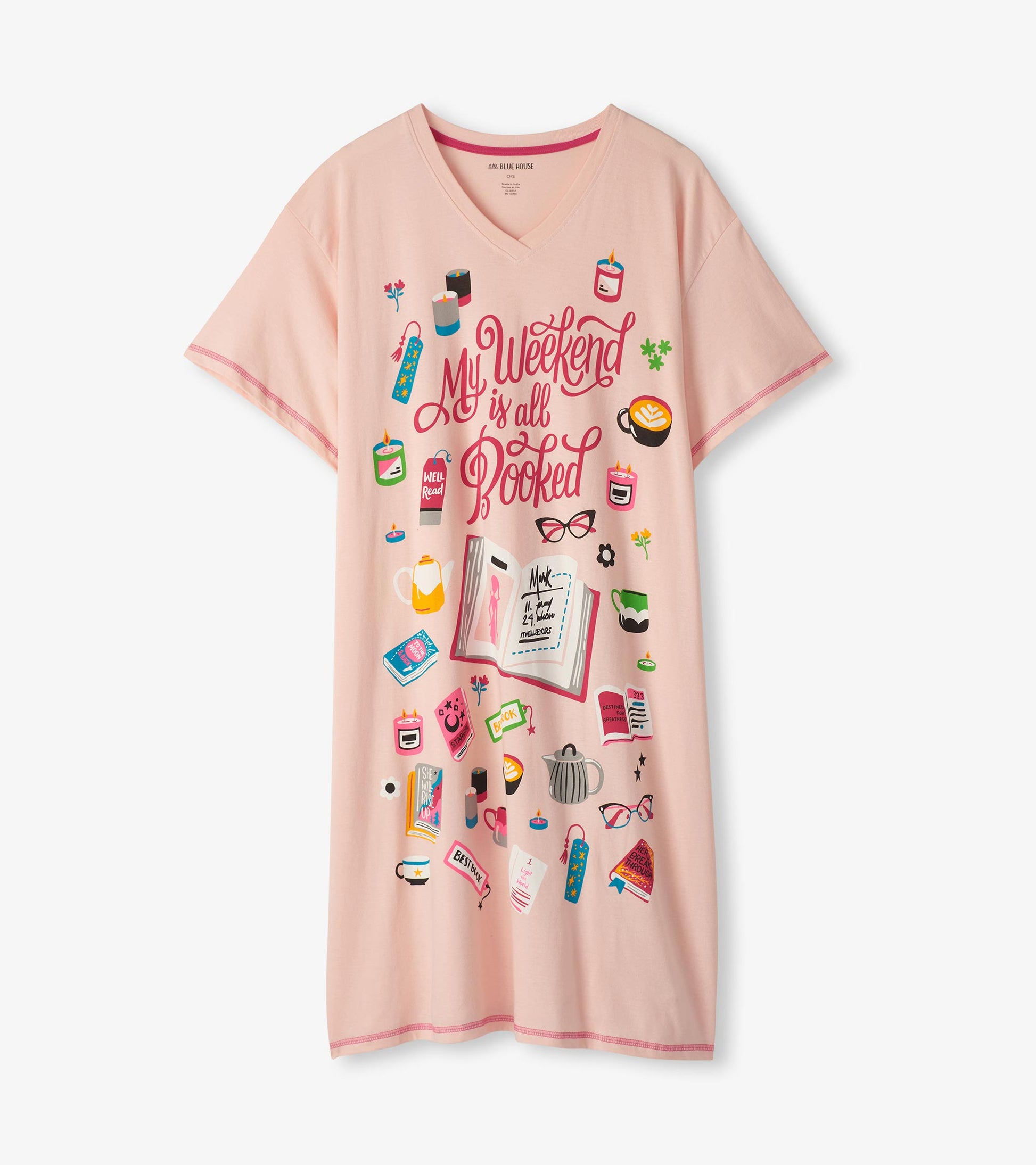 Pink V-neck sleepshirt hanging flat with 'My Weekend is All Booked' graphic and reading-themed print