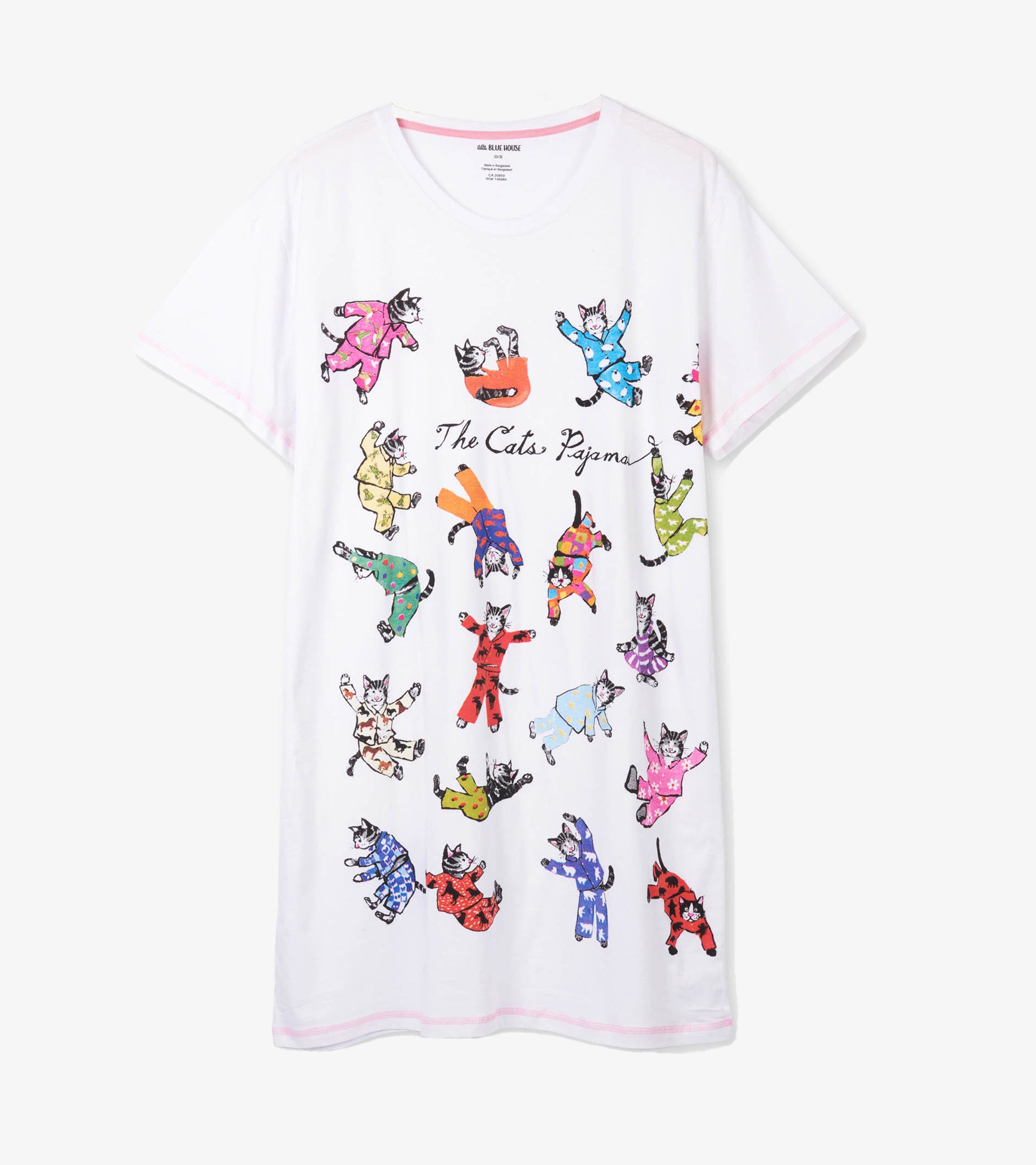 Front view of white sleepshirt with colorful cat pajama print and pink stitched trim