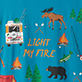 View Women's Light My Fire Sleepshirt - Blue design with foxes, trees, a bear, and a hanging card reading "Light My Fire