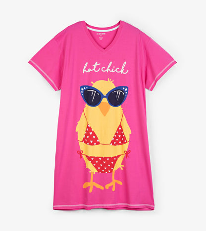 Hot pink V-neck sleepshirt with hot chick text and a yellow chick in sunglasses and red heart-print bikini
