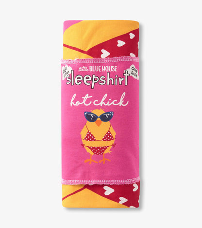 Folded hot pink sleepshirt with chick graphic and printed band showing Little Blue House sleepshirt text