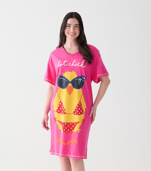 Model wearing a hot pink V-neck sleepshirt with a chick in sunglasses and red heart-print bikini graphic