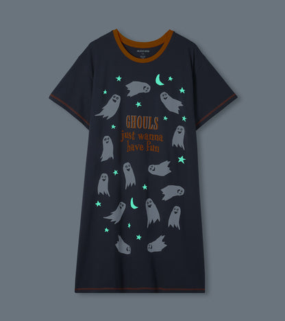 Charcoal gray sleepshirt with glowing ghost, star, and moon print and orange 'Ghouls just wanna have fun' text