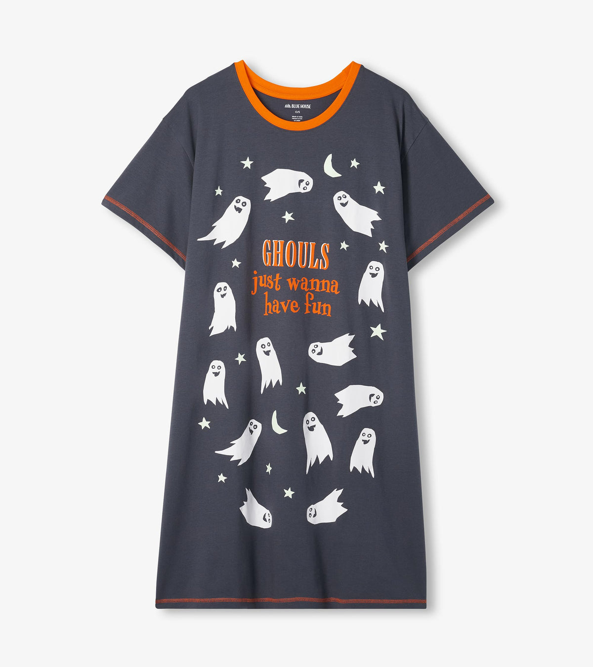 Front view of charcoal gray sleepshirt with orange trim, white ghosts, stars, moons, and slogan text