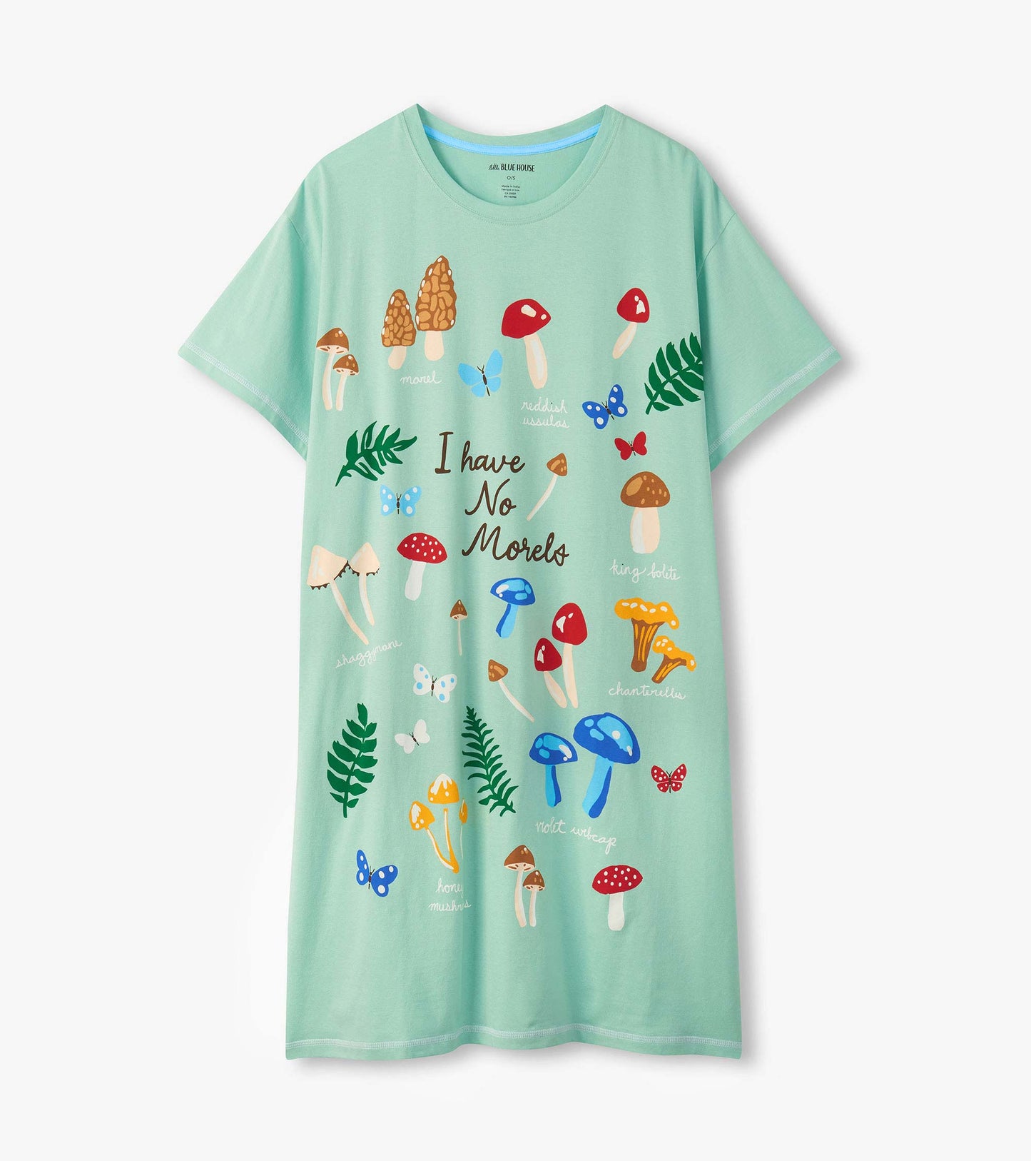 Mint green short-sleeve sleepshirt with mushroom and butterfly print and “I Have No Morels” text, front view