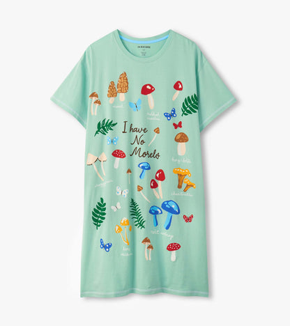Mint green short-sleeve sleepshirt with mushroom and butterfly print and “I Have No Morels” text, front view