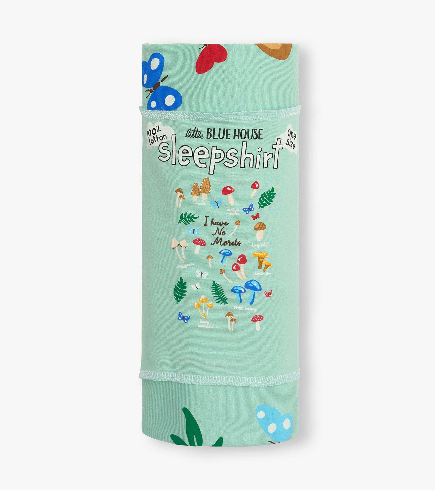 Mint green cotton sleepshirt with mushroom and butterfly print, folded and wrapped in packaging.