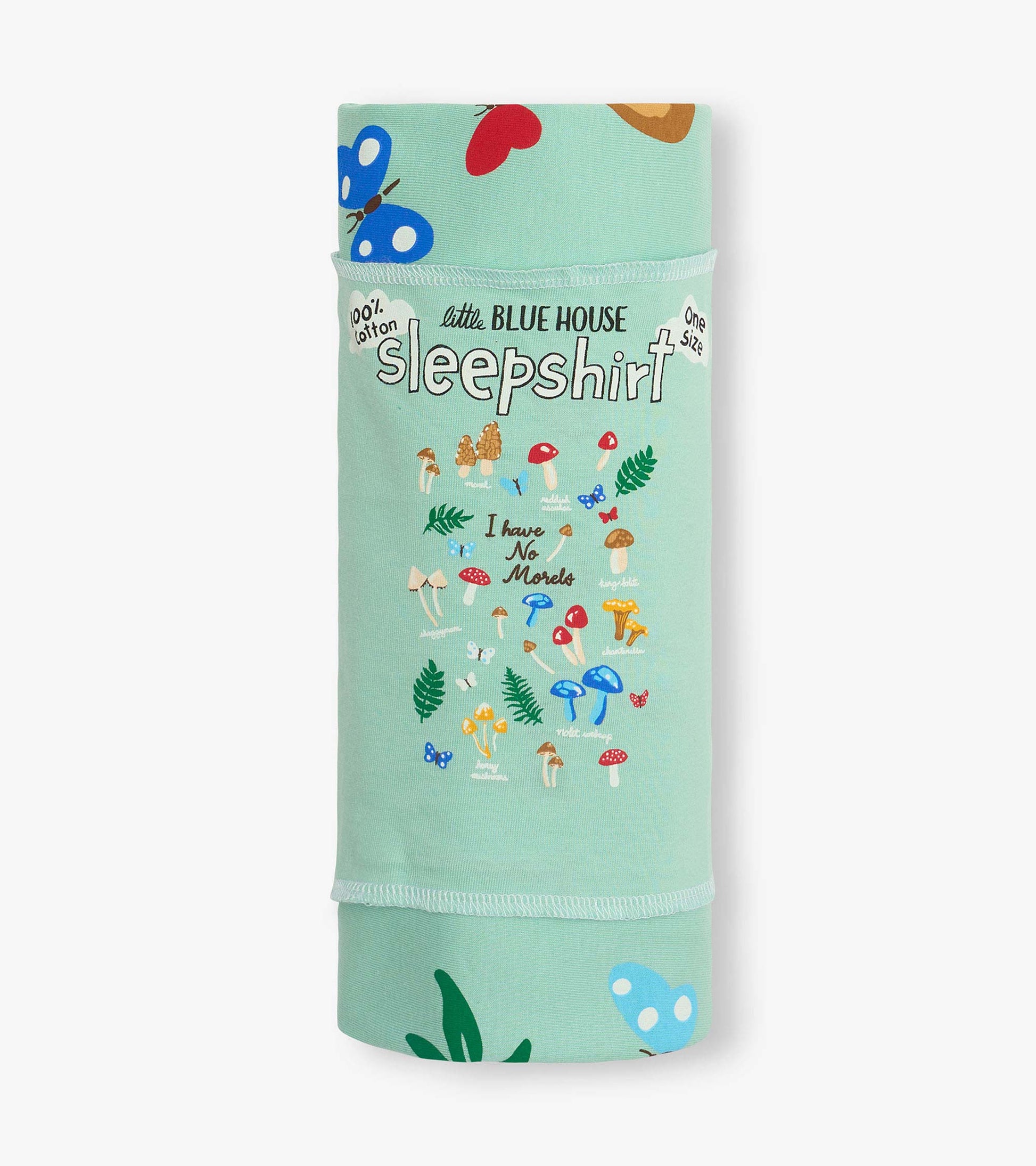 Mint green cotton sleepshirt with mushroom and butterfly print, folded and wrapped in packaging.