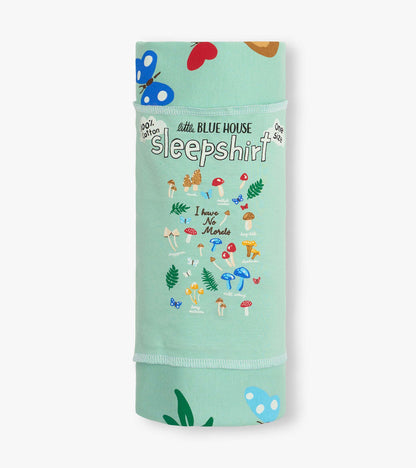 Mint green cotton sleepshirt with mushroom and butterfly print, folded and wrapped in packaging.