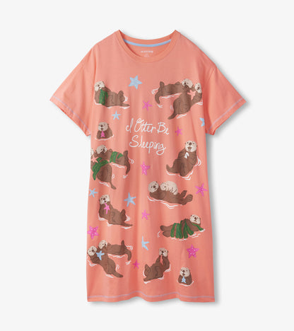 Coral pink sleepshirt with short sleeves, otter print, starfish, and 'I Otter Be Sleeping' text