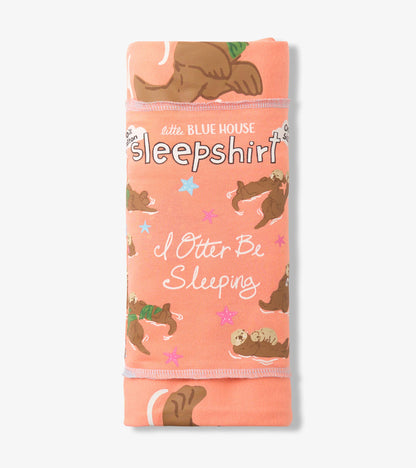 Folded coral pink sleepshirt showing otter print, starfish, 'I Otter Be Sleeping' text, and Little Blue House label