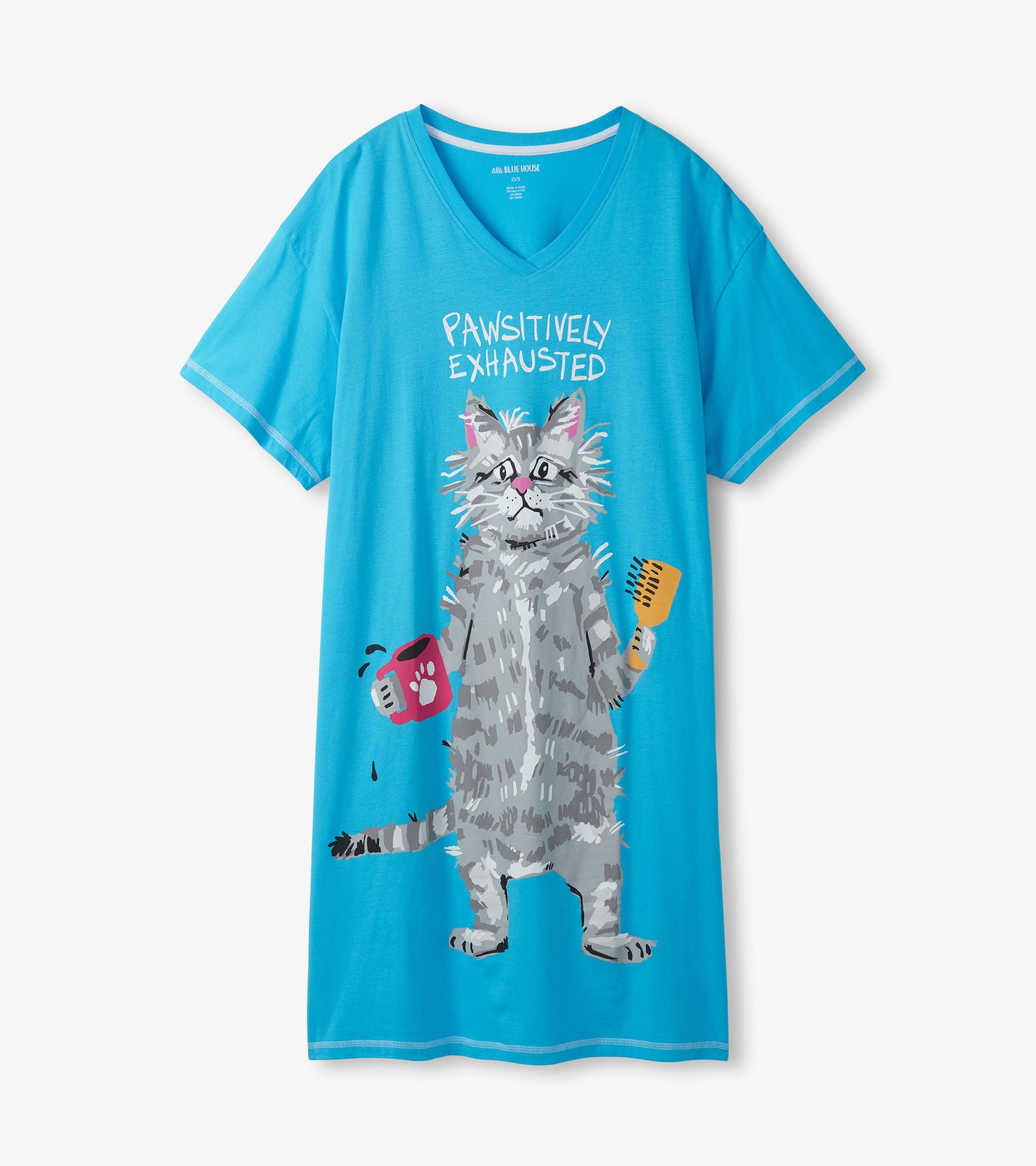 Bright blue V-neck sleepshirt with 'Pawsitively Exhausted' text and a large gray cat holding a brush and mug