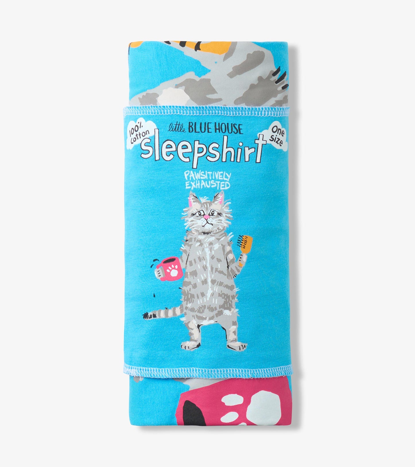 Folded bright blue sleepshirt in Little Blue House packaging with gray cat graphic and 'Pawsitively Exhausted' text
