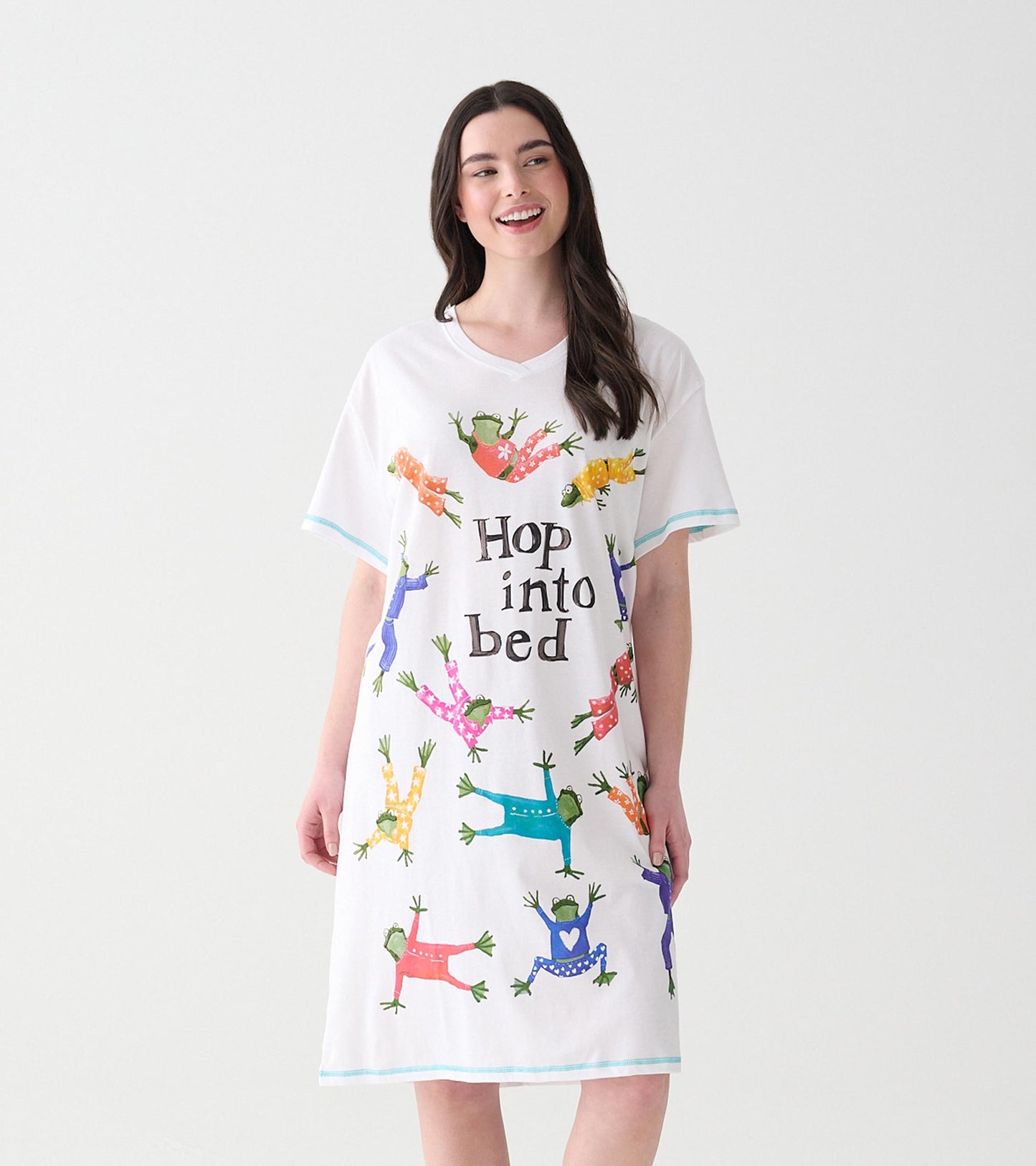 White V-neck sleepshirt with colorful frog print and “Hop into bed” text, short sleeves, blue trim