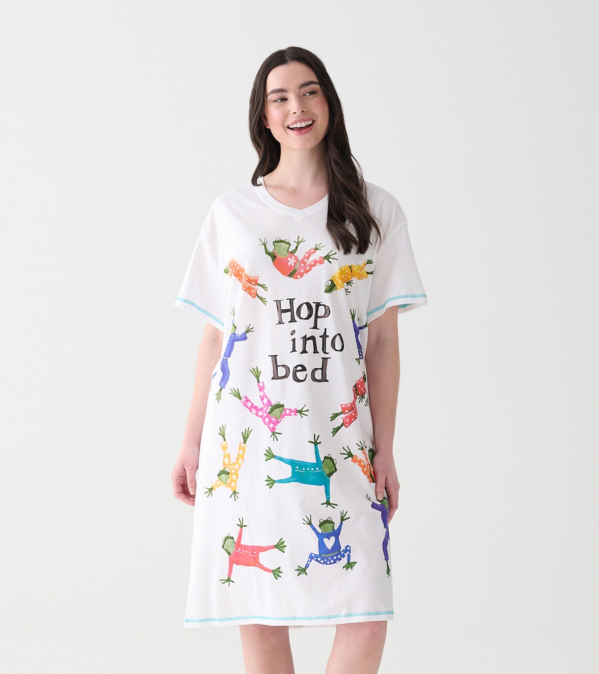 White V-neck sleepshirt with colorful frog print and “Hop into bed” text, short sleeves, blue trim