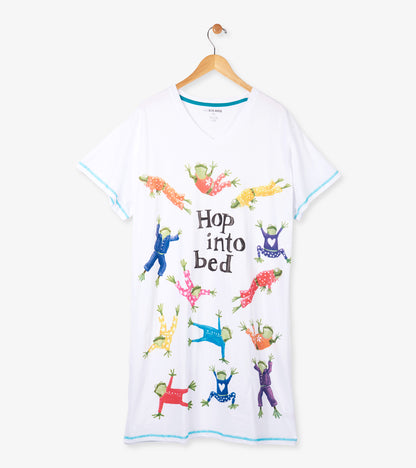 White V-neck sleepshirt on hanger with colorful frog print and 'Hop into bed' text