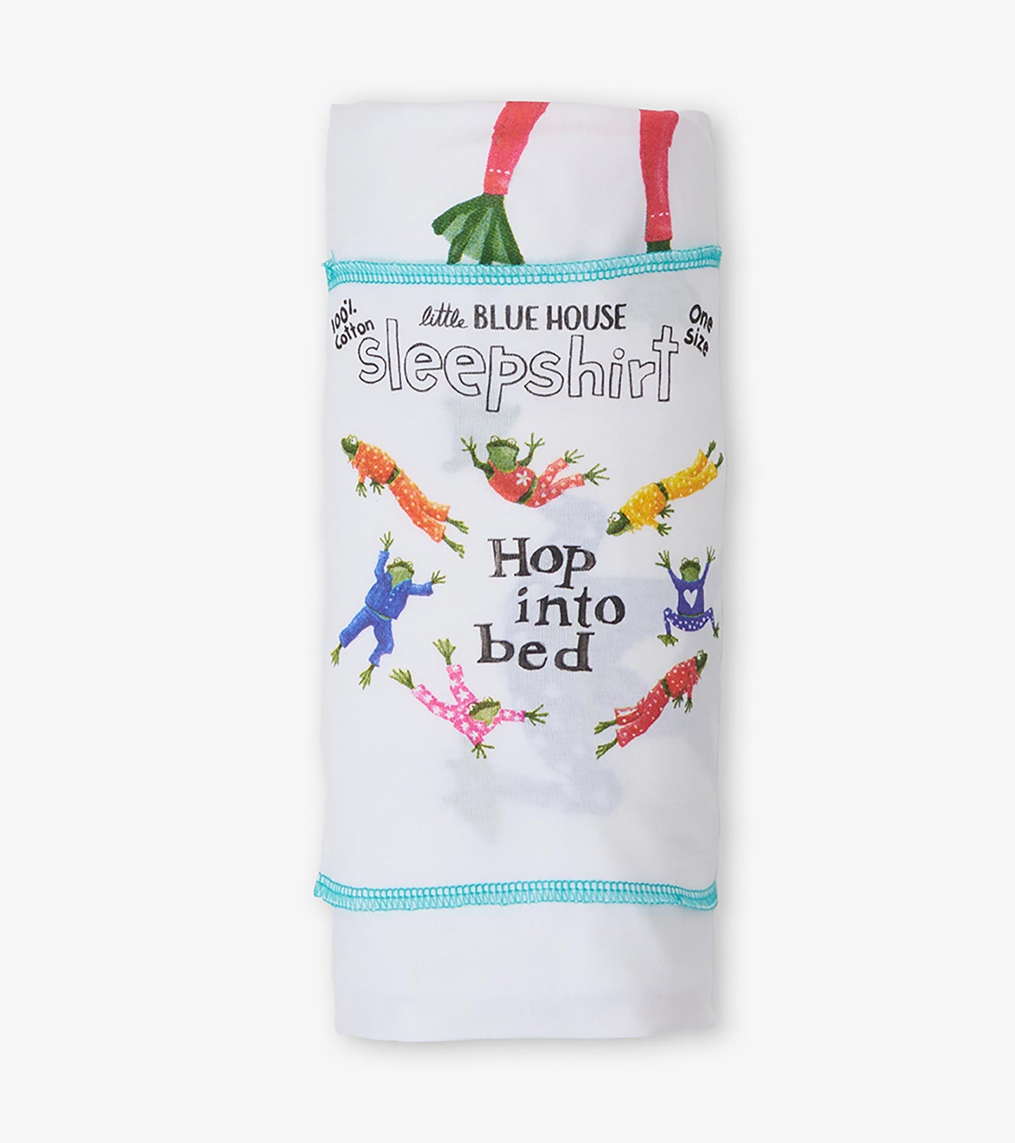 Folded white sleepshirt with colorful frog print and visible Little Blue House packaging text
