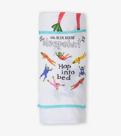 Folded white sleepshirt with colorful frog print and visible Little Blue House packaging text