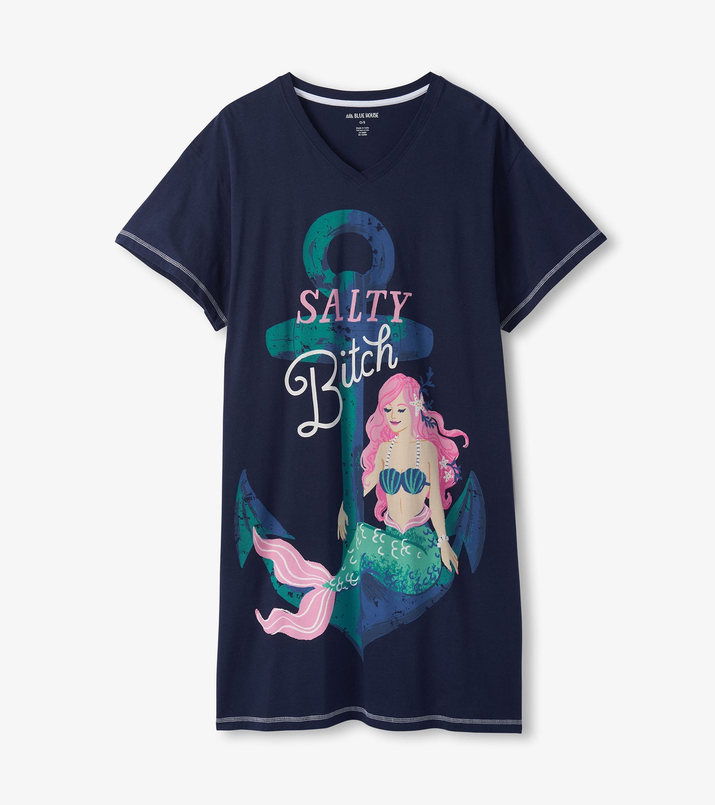 Navy V-neck sleepshirt with short sleeves, featuring a Salty Bitch slogan, anchor, and pink-haired mermaid