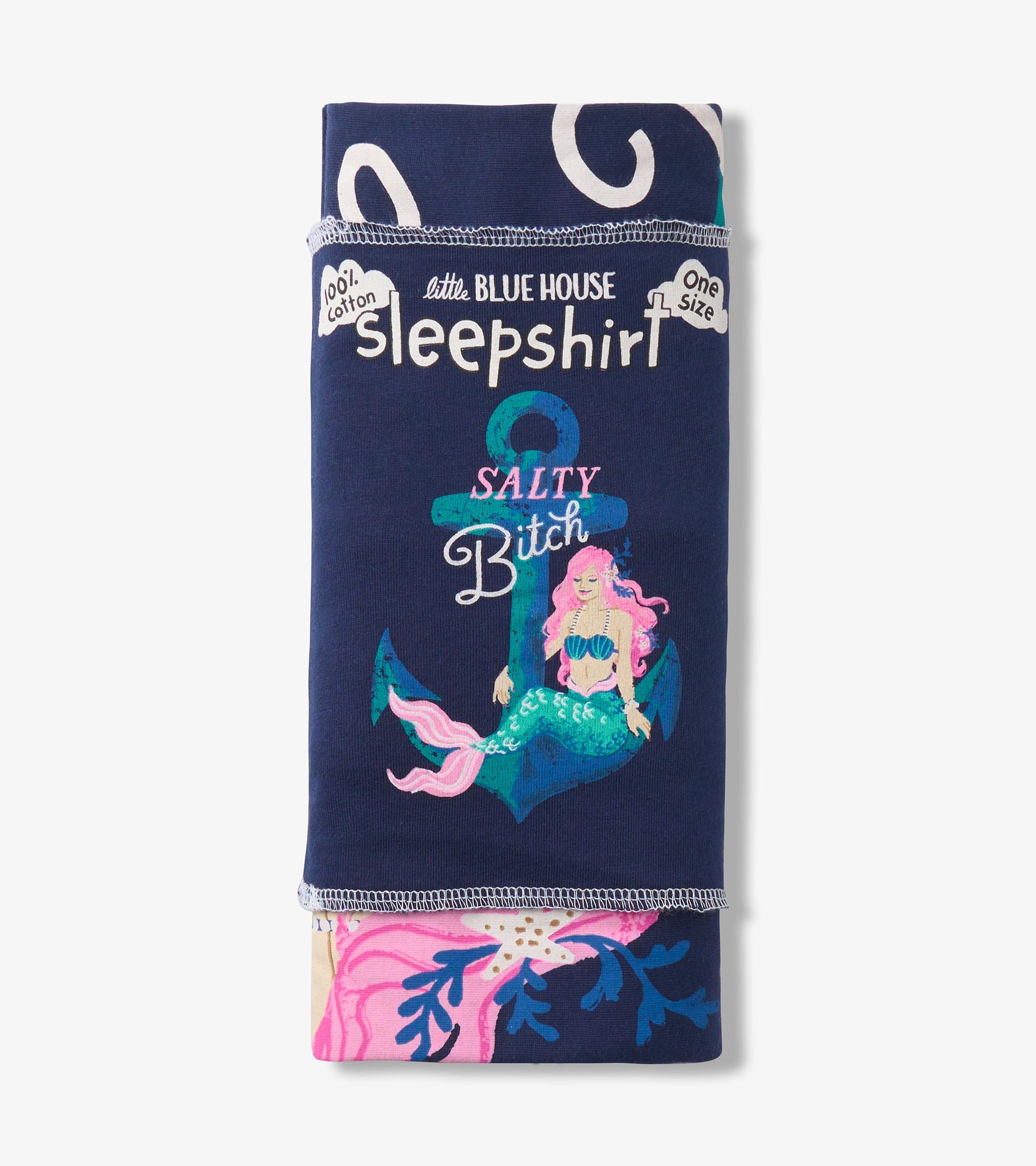 Folded navy sleepshirt package with Little Blue House label and Salty Bitch mermaid and anchor print