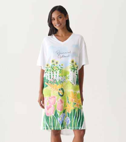 White V-neck sleepshirt with colorful garden floral print, shown on model front view