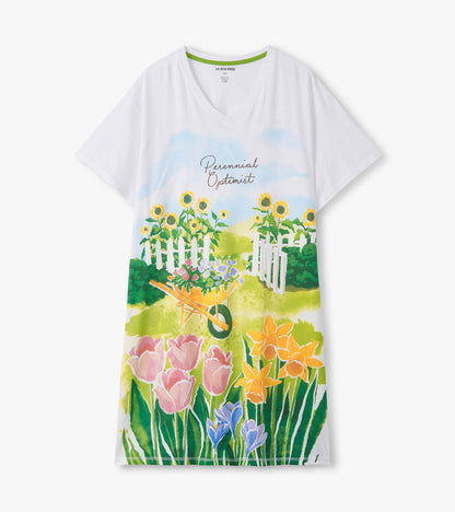 White V-neck sleepshirt with colorful garden floral print and “Perennial Optimist” text, front view