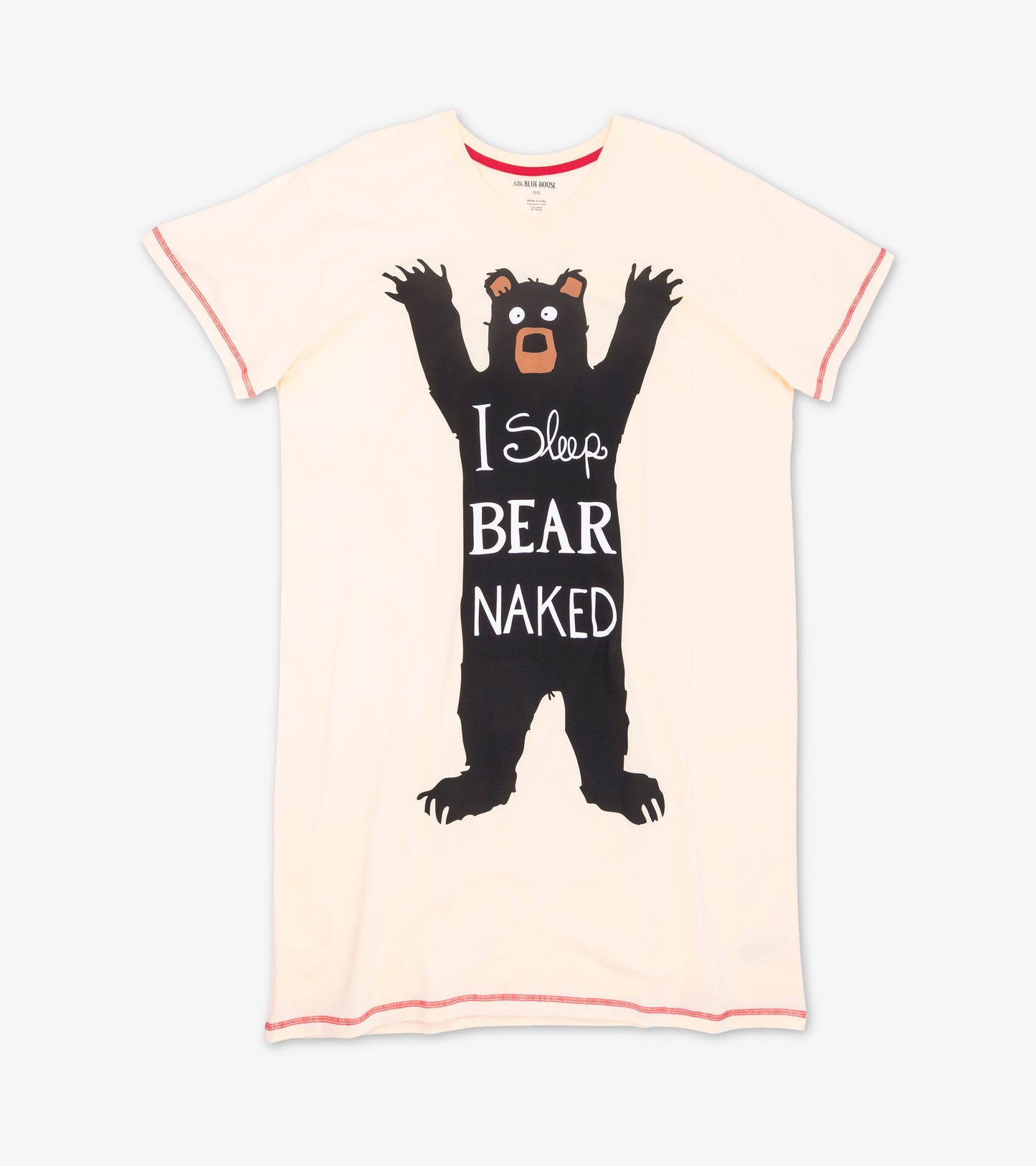 Front view of cream short-sleeve sleepshirt with pink stitching and black bear "I Sleep Bear Naked" graphic