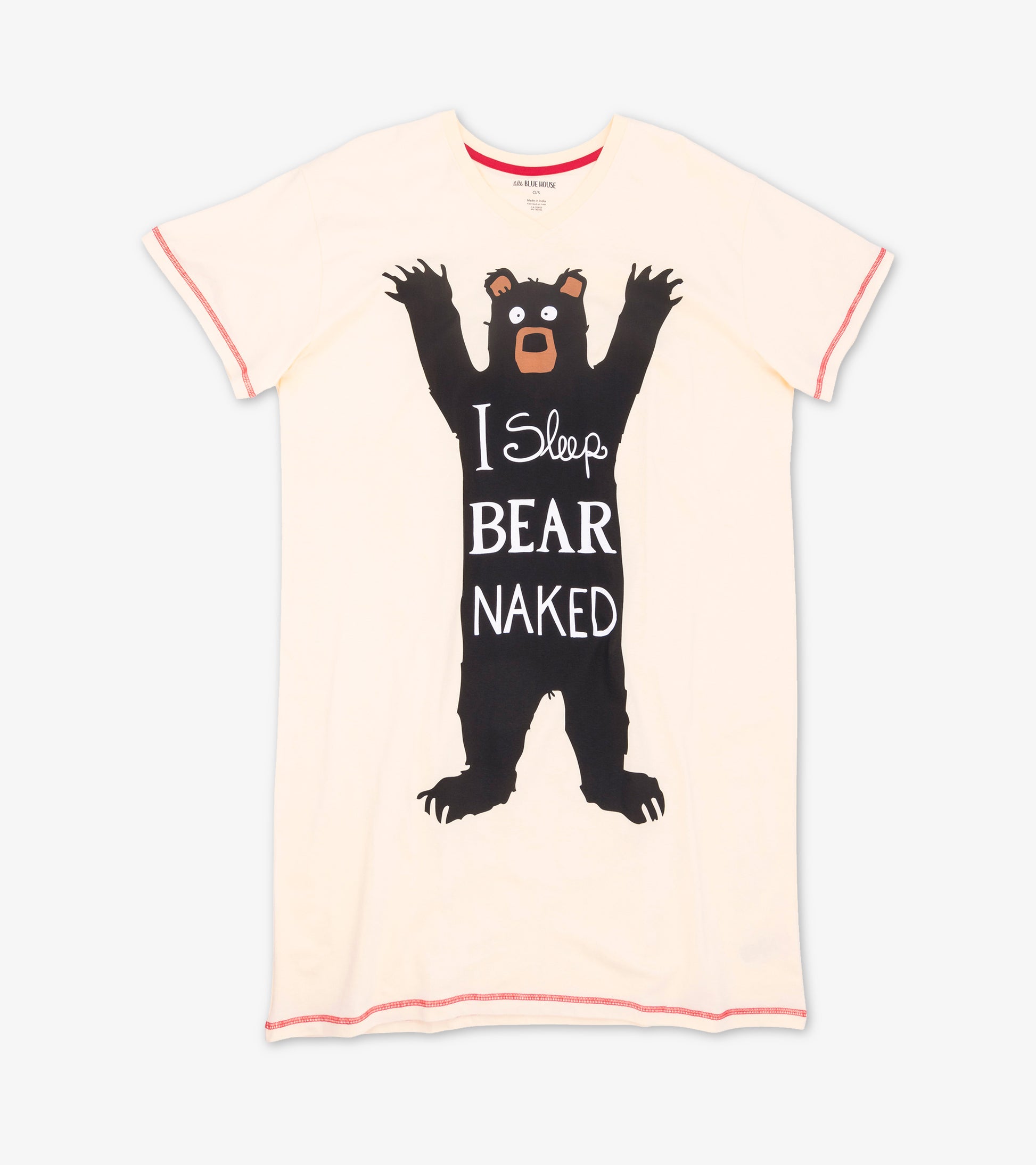 Front view of cream short-sleeve sleepshirt with pink stitching and black bear "I Sleep Bear Naked" graphic