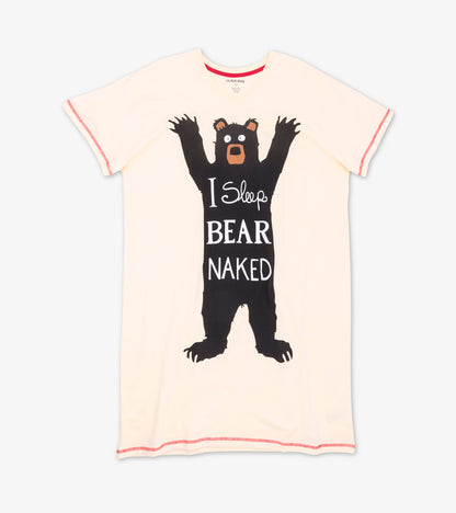 Front view of cream short-sleeve sleepshirt with pink stitching and black bear "I Sleep Bear Naked" graphic
