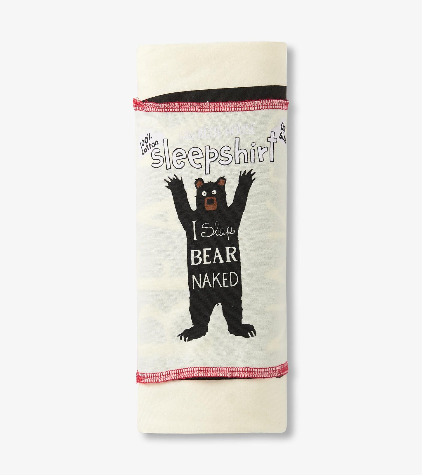 Folded cream sleepshirt showing black bear graphic and pink stitched edges