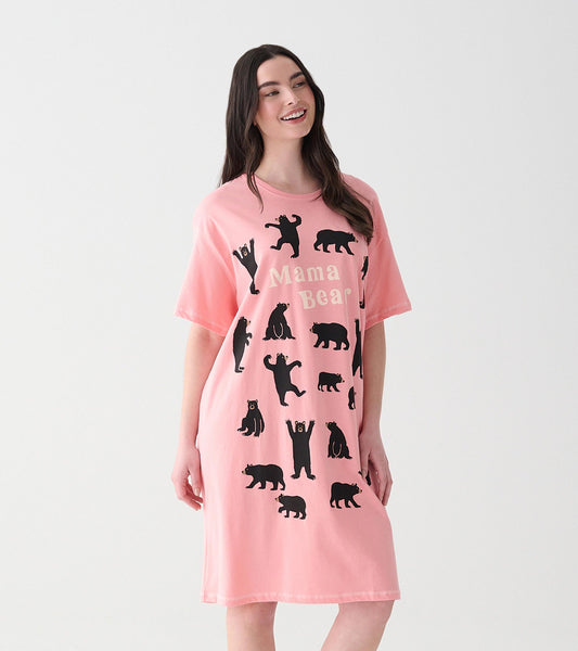 Model wearing pink knee-length Mama Bear sleepshirt with short sleeves and black bear print