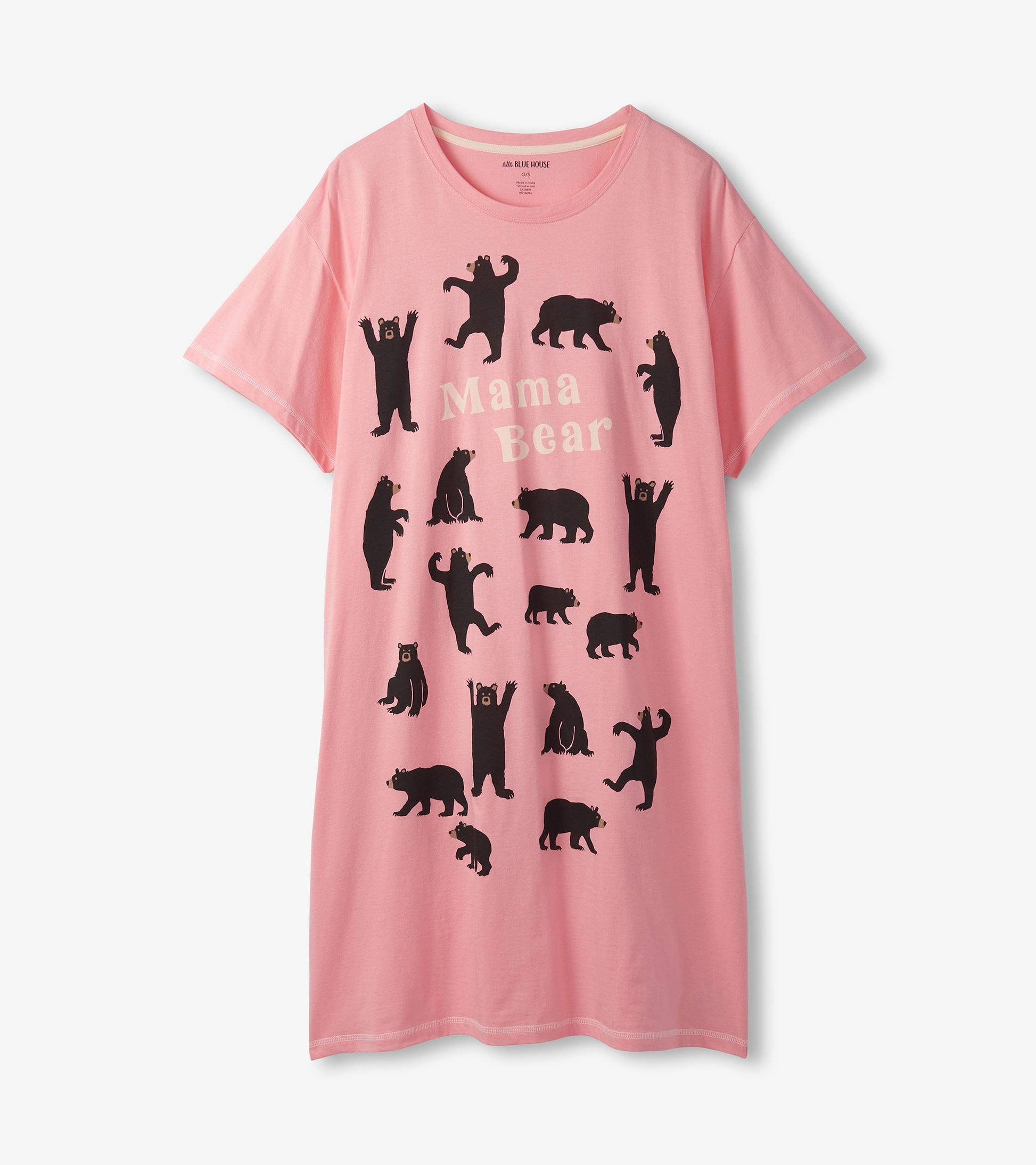 Front view of pink Mama Bear sleepshirt with short sleeves and black bear silhouettes