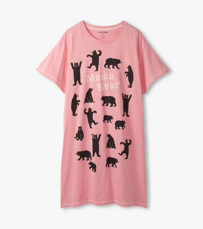 Front view of pink Mama Bear sleepshirt with short sleeves and black bear silhouettes