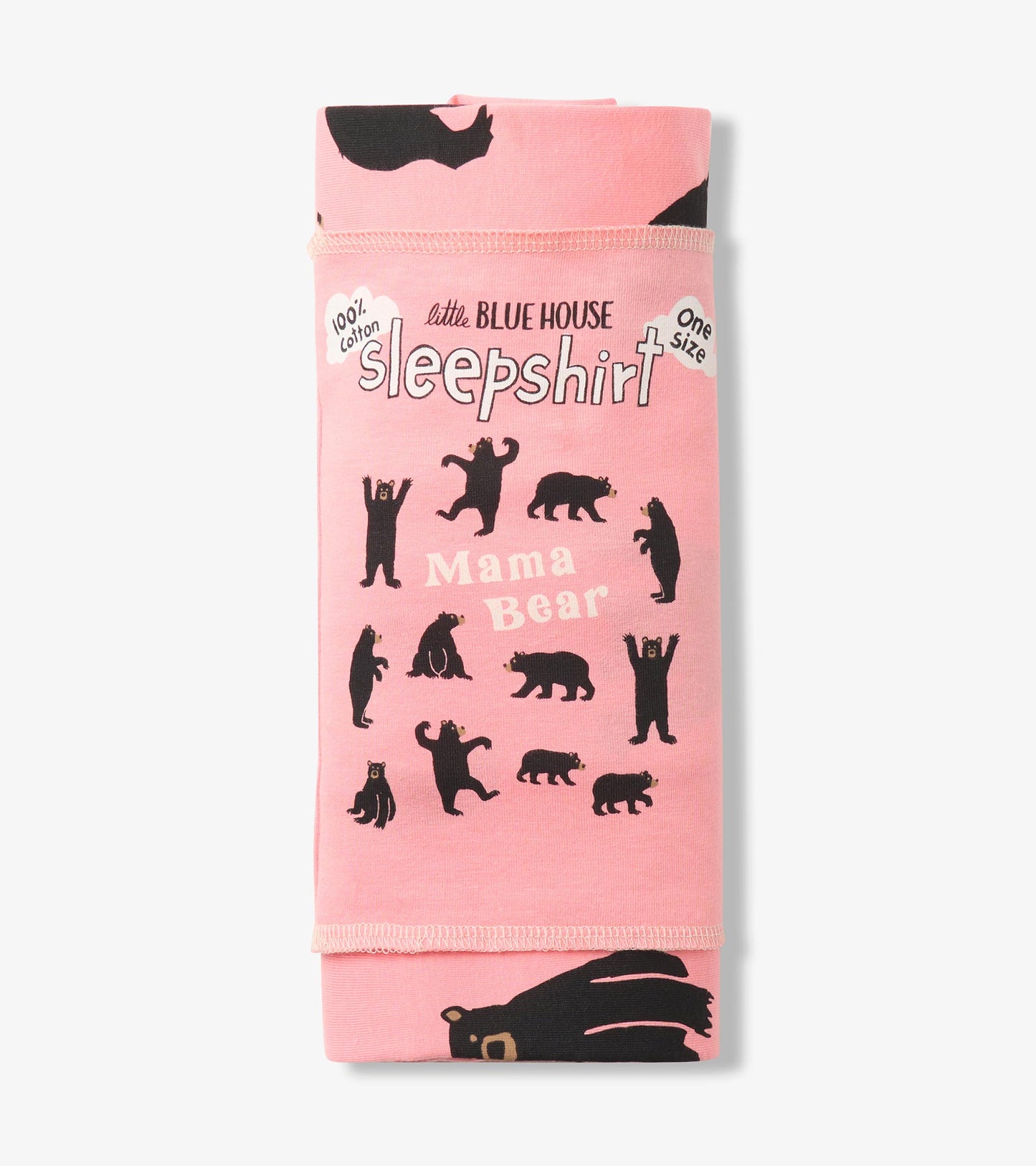 Folded pink Mama Bear sleepshirt with black bear print and visible branded wrap label