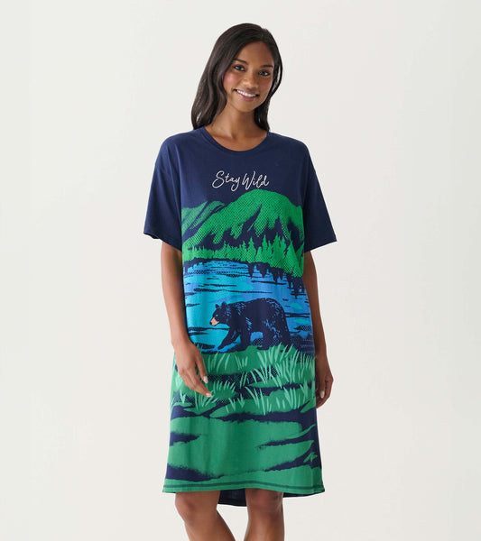 Navy cotton sleepshirt with short sleeves and a green-and-blue bear, mountain, and lake graphic print.