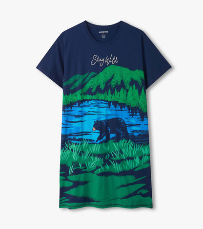 Navy short-sleeve sleepshirt with “Stay Wild” text and bear, mountain, and forest graphic print